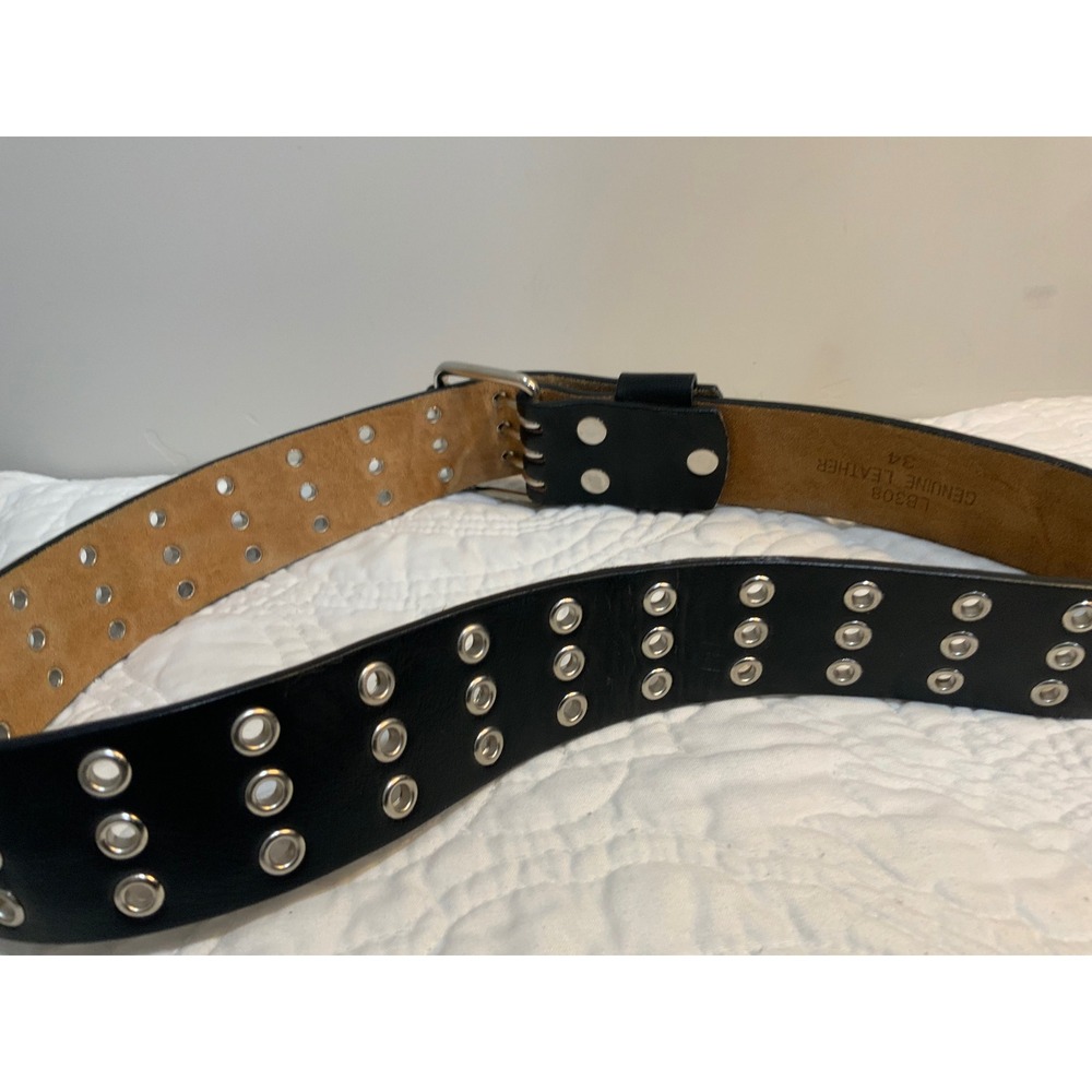 Stylish Black Genuine Leather Belt with Silver Buckle Grommet Unique - Picture 7 of 12